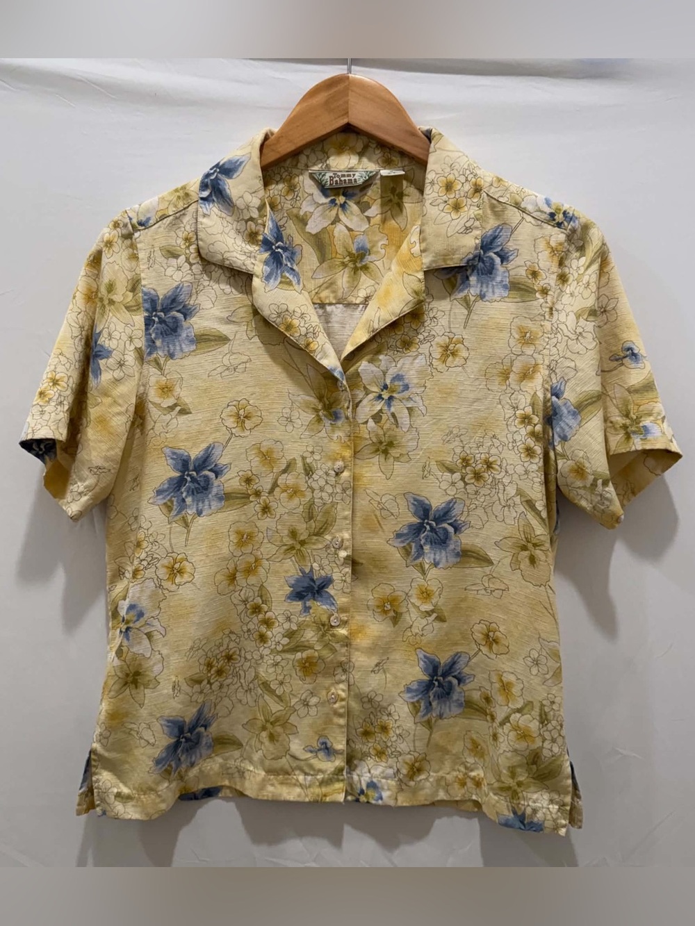 Vintage Tommy Bahama Women Yellow 100% Silk Floral Short-Sleeve Button Down M